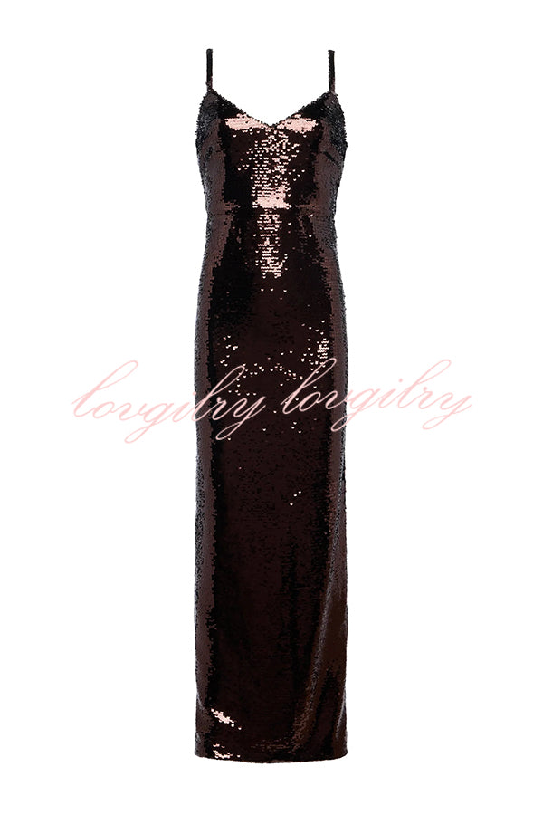 Dazzling Like Flowing Water Sequin V-neck Back Zipper Slit Maxi Dress