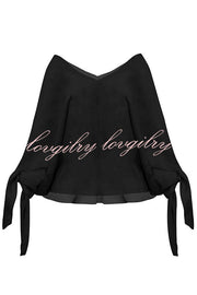 Joyful Bond Linen Blend V-neck Knotted Cuff Half Sleeve Loose Top