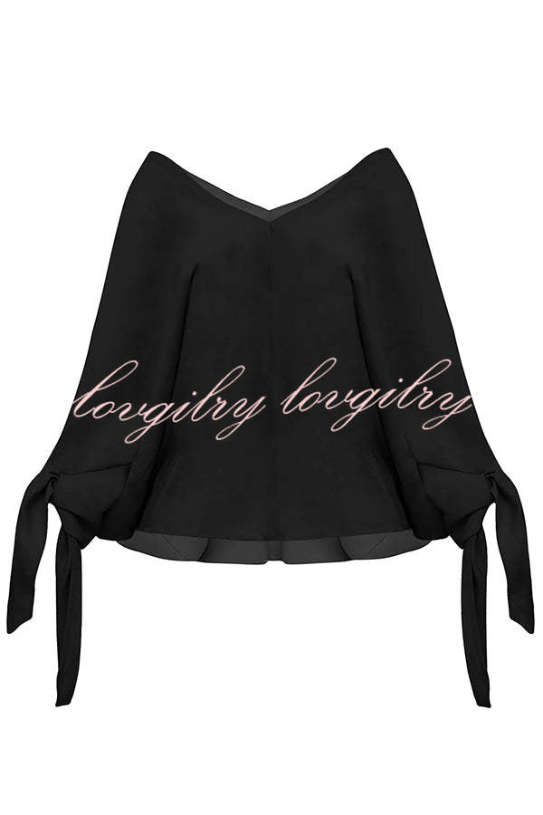 Joyful Bond Linen Blend V-neck Knotted Cuff Half Sleeve Loose Top