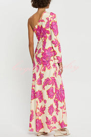 Rhia Satin Floral Print One Shoulder Flared Maxi Dress