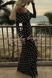 Chic Statement Polka Dot Print Off Shoulder Ruched Stretch Maxi Dress