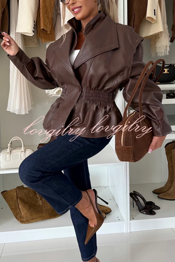 Play It Cool Faux Leather Single Button Elastic Waist Lapel Moto Jacket