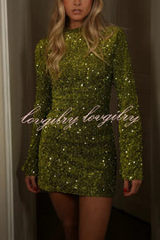 Dora Velvet Sequin High Neck Long Bell Sleeve H-line Mini Dress