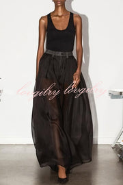 Avant-garde Fashion Denim Flowing Organza Patchwork Pocketed Wide Leg Jeans