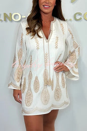Fashionable Embroidered Pattern V-Neck Trumpet Sleeve Loose Mini Dress