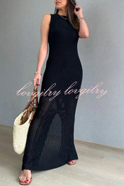 Elegant Knitted Round Neck Paneled Cutout Bodycon Maxi Dress