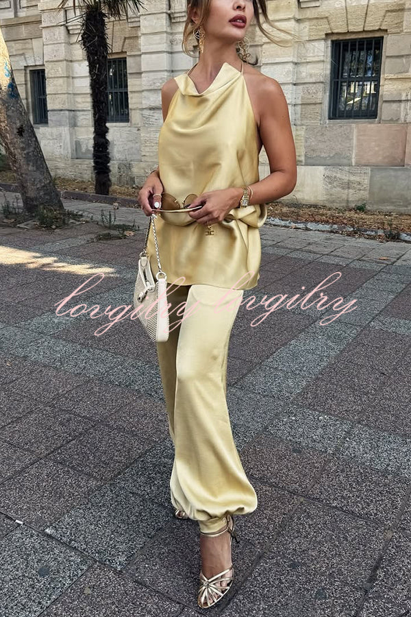 Satin Solid Color Loose Backless Casual Top