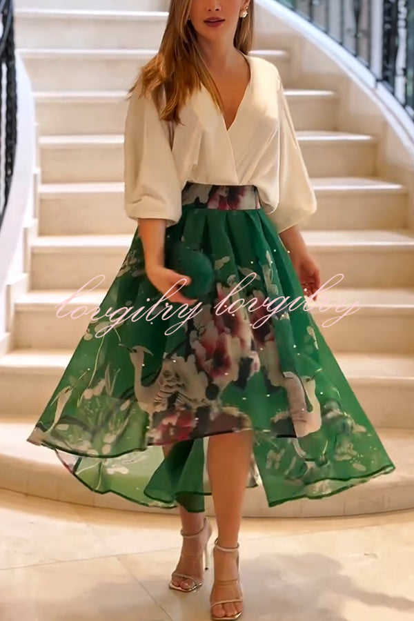Tessy Batwing Sleeve Top and Floral Elastic Waist Pearls Detail High Low Midi Skirt Set