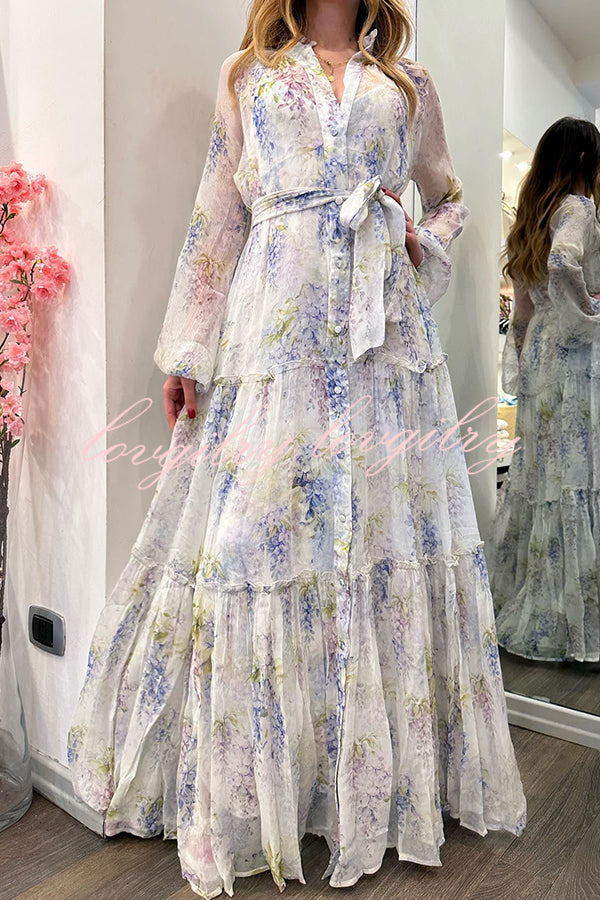 Romantic Provence Lavender Print Button Belt Tiered Shirt Maxi Dress