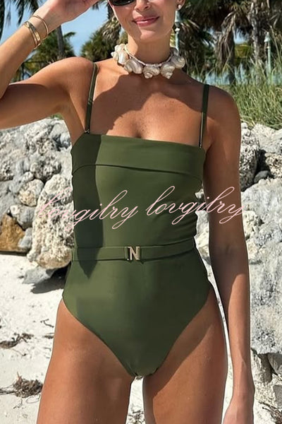 Solid Color Suspender Buckle Waist Elastic Swimsuit