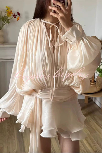 Solid Color Long Sleeve Tie Waist Irregular Mini Dress