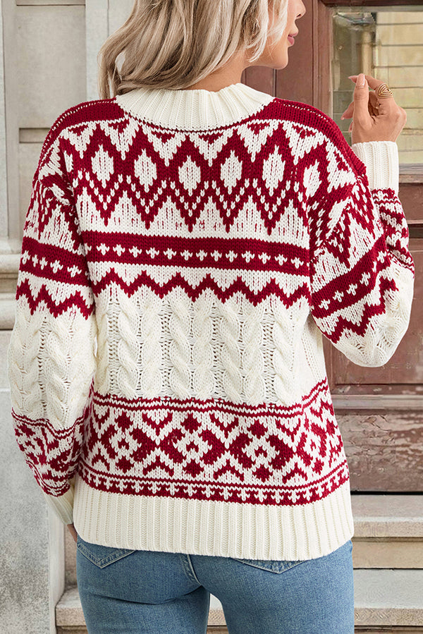 Christmas Ethnic Style Round Neck Long Sleeve Loose Cable Knit Sweater