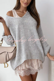 Solid Color Loose V-neck Casual Knitted Sweater