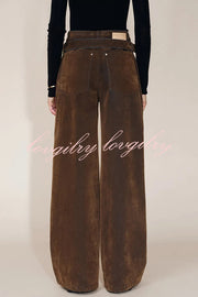 Taylor Denim Mid Rise Detachable Belt Flocked Pocket Wide Leg Jeans
