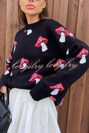 Mushroom Pattern Casual Loose Round Neck Knitted Sweater