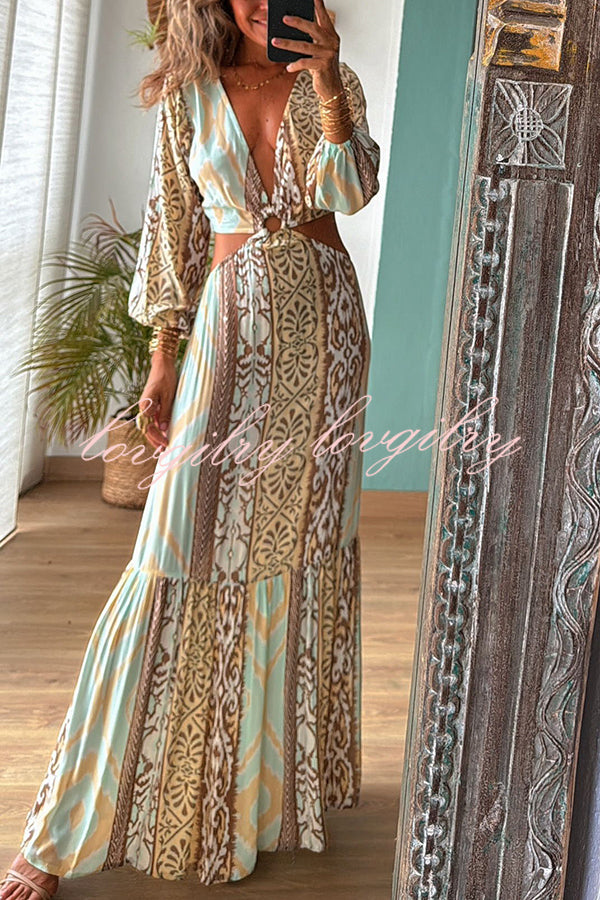 Sefora Unique Color Block Print Long Sleeve Ring Cutout Back Tie-up Maxi Dress