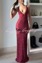 Festival Shines Sequin Beaded Mesh Bow Cutout Detail Slit Maxi Dress