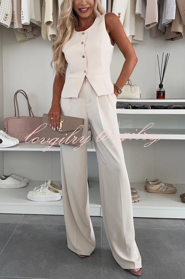 Workplace Chic Sleeveless Button Vest and Relaxed Pocket Wide Leg Pants Set