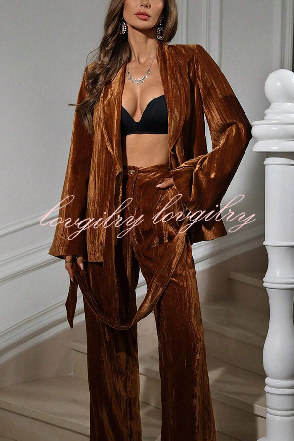 Solid Color Velvet Pleated Long-sleeved Tie Top and Casual Pocket Straight-leg Pants Set
