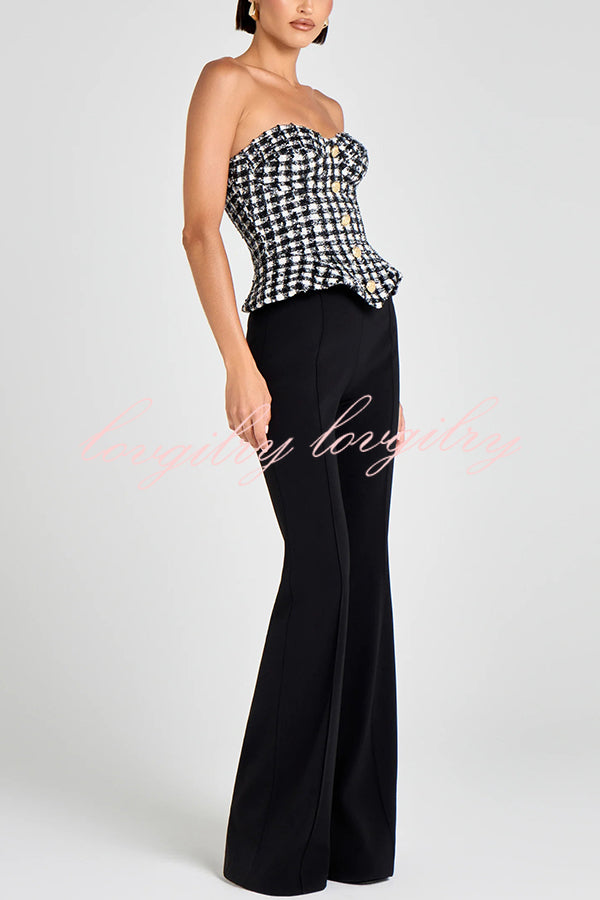 Maya Check Bouclé-tweed Fabric Sweetheart Neck Gold Button Strapless Tank