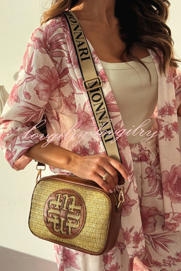 Linen Blend Botanical Print Loose-fitting Top and Elastic Waist Wide-leg Casual Pants Set