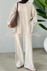 Solid Color Loose Long-sleeved Knit Top and Elastic Waist Casual Straight Leg Pants Set