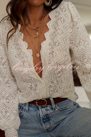 Fashionable Openwork Lace Long-sleeved V-neck Elegant Shirt