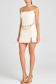 Timeless Exquisite Tweed Fabric Metal Coin Chain Detail Slip Mini Dress