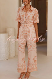 Linen Blend Lapel Puff Sleeve Loose Shirt and Casual Pocket Straight Pants Set