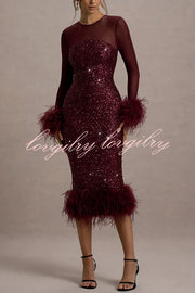 Glamor and Drama Mesh Sequin Patchwork Feather Trim Stretch Midi Dress