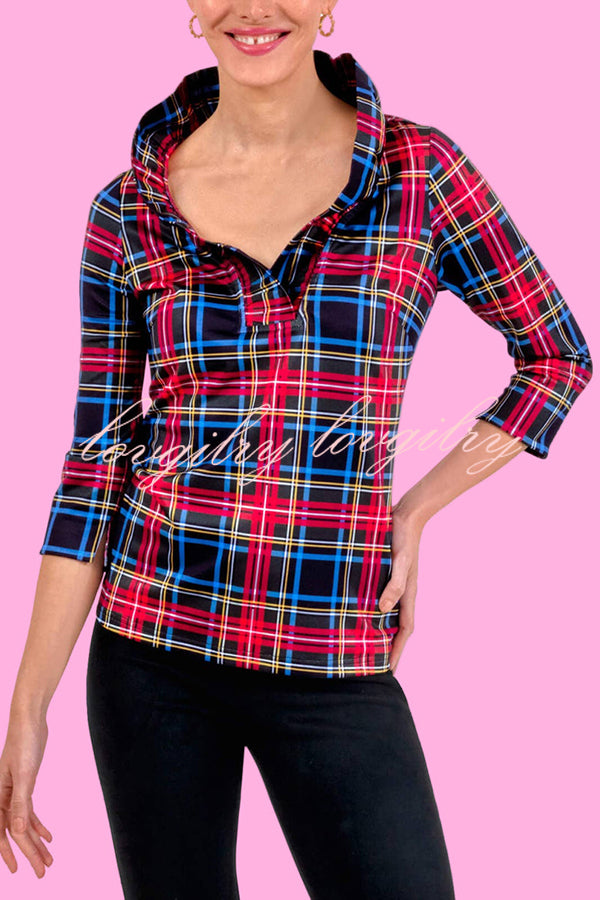 Duke of York Holiday Plaid Ruffle Stand Neck Half Sleeve Blouse