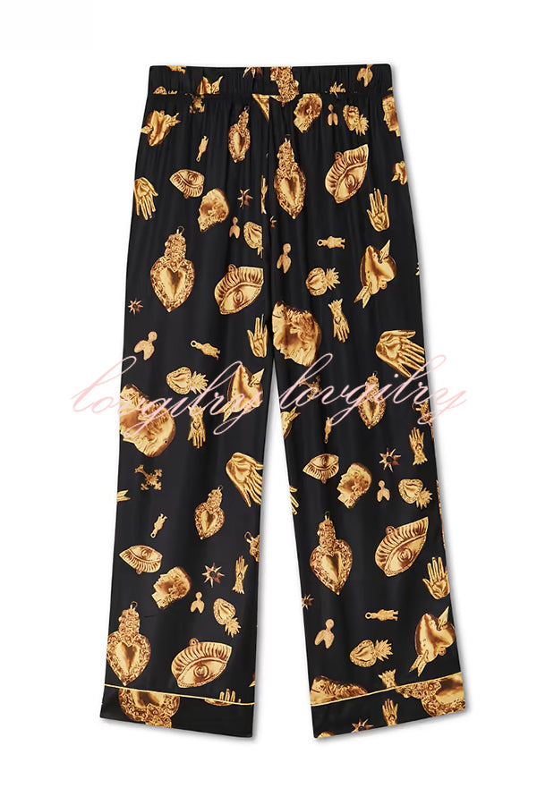 Golden Night Unique Print Color-block Trim Loose Shirt and Elastic Waist Pocketed Pajama Set