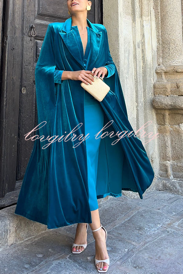 Olivienne Luxurious Velvet Padded Shoulders Slit Sleeve Lapel Midi Cape