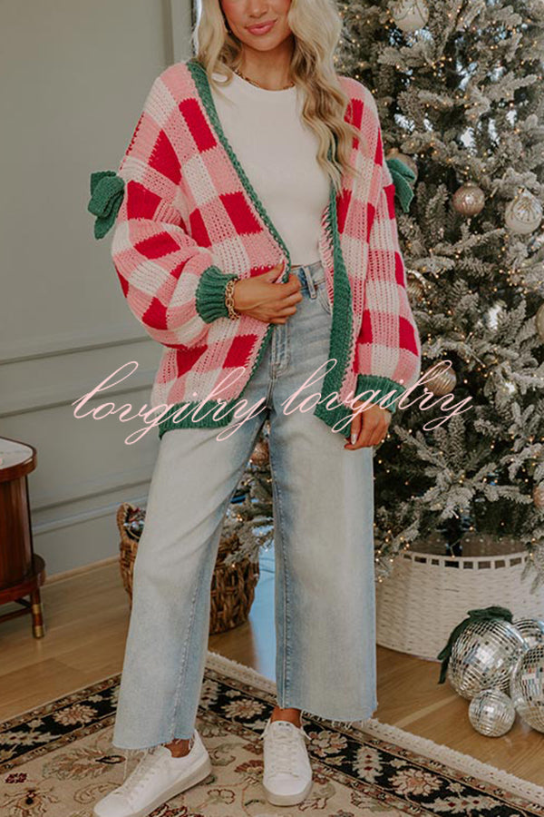 Holiday Cozy Checkered Knit Color-blocked Plaid Bow Long-sleeved Cardigan