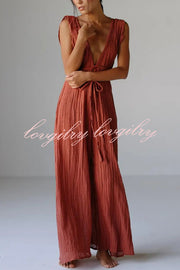 Resort Style V-neck Tie Pleated Casual Jumpsuit