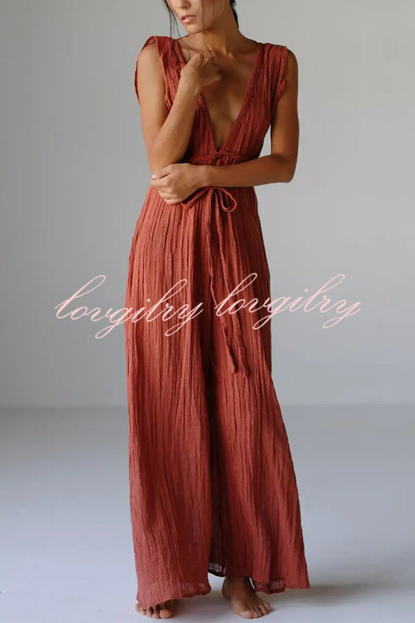 Resort Style V-neck Tie Pleated Casual Jumpsuit