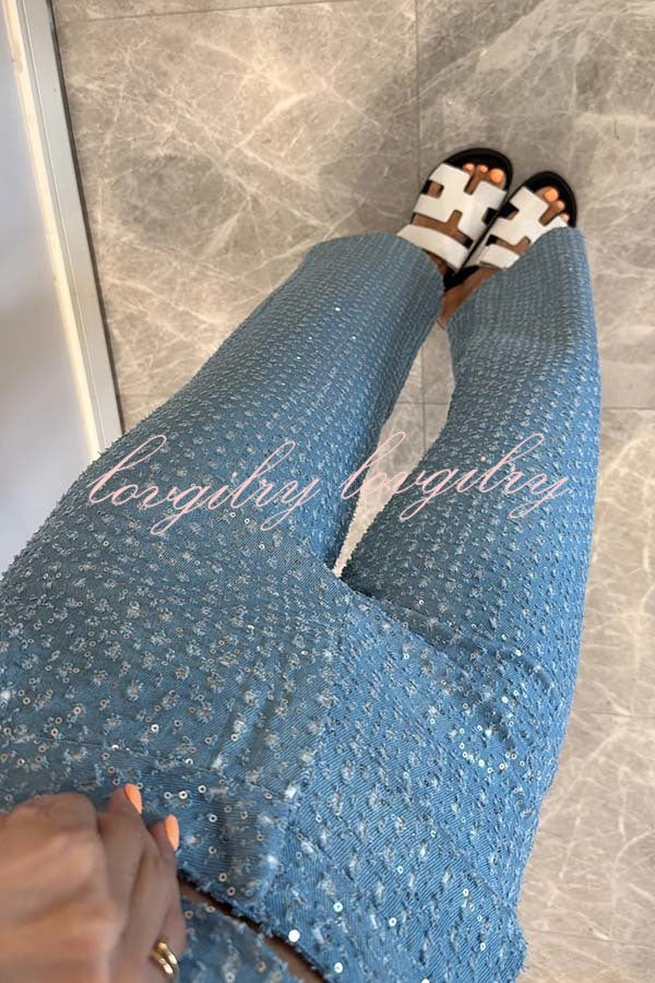 Fashionable Look Denim Sequin Textured High Rise Pocket Straight Jeans