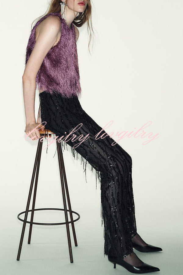 Flowing Elegance Layered Tassels Round Neck Sleeveless A-line Tank