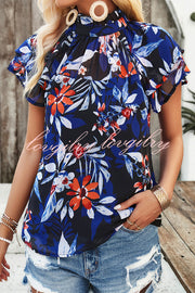 Floral Print Paneled Pleated Crew Neck Pullover Short Sleeved Top