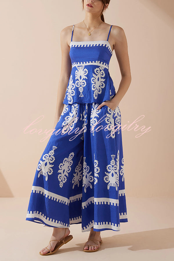 Unique Ethnic Print Suspender Pleated Top and Elastic Waist Loose Wide-leg Pants Set