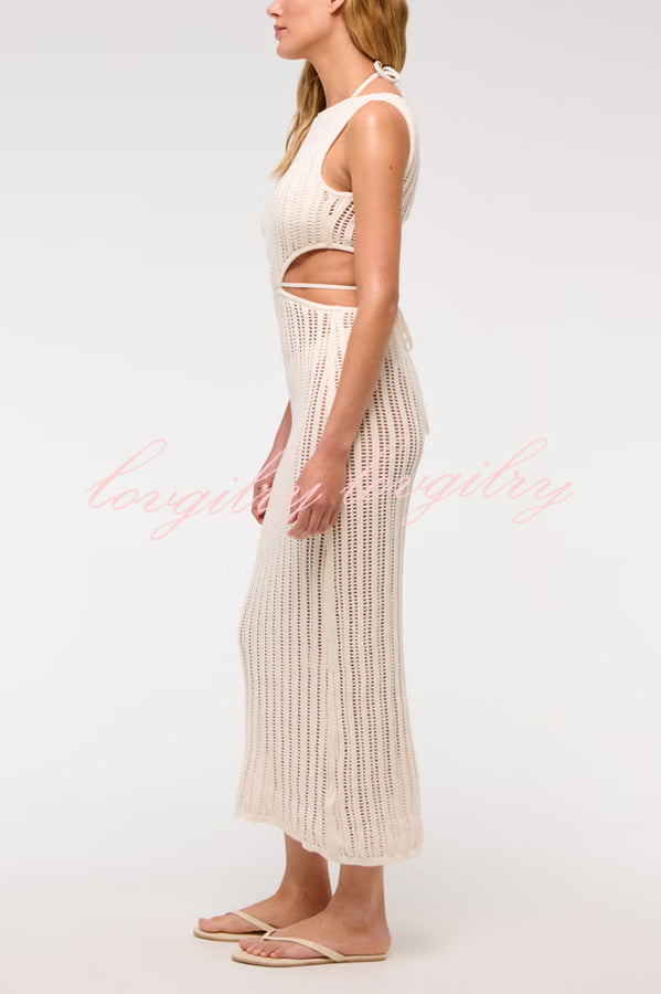 Beach Day Crochet Knit Cutout Waist Coverup Stretch Maxi Dress