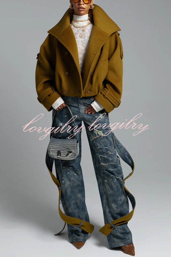 Ellie Epaulettes Stand Neck Double-Breasted Pocket Cropped Loose Woolen Coat