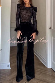 Monique Fish Scale Lace Sequin Velvet Patchwork Feather Trim Belted Stretch Flare Jumpsuit