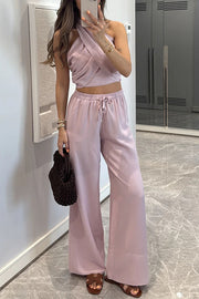 Noellie Cross Halter Neck Smocked Tank and Elastic Waist Pocketed Wide Leg Pants Set