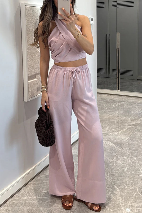 Noellie Cross Halter Neck Smocked Tank and Elastic Waist Pocketed Wide Leg Pants Set