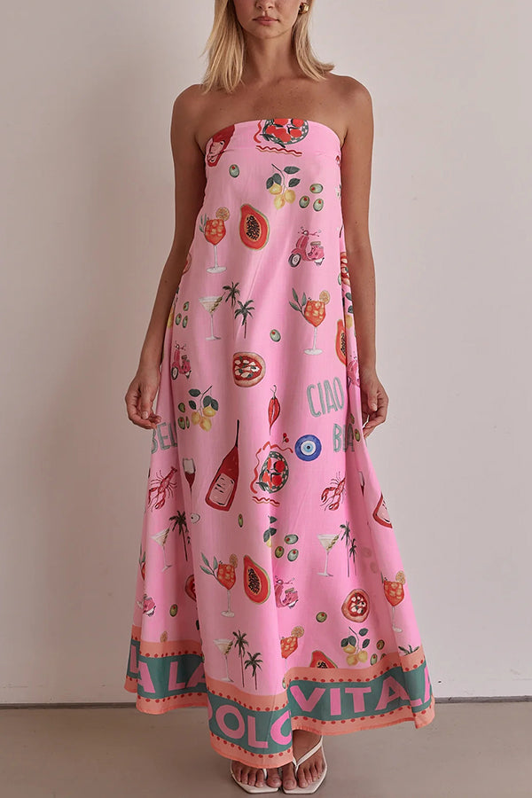 Feeling Fun Linen Blend Unique Print Off Shoulder Loose Maxi Dress