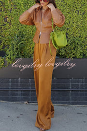 Pop of Brown Faux Leather Double Zipper Detail Balloon Sleeve Lapel Jacket
