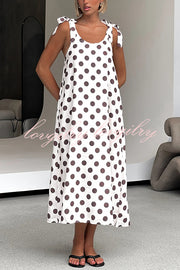 Polka Dot Print Suspenders Strappy Backless Loose Pocket Midi Dress