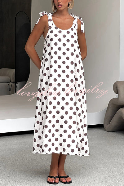Polka Dot Print Suspenders Strappy Backless Loose Pocket Midi Dress