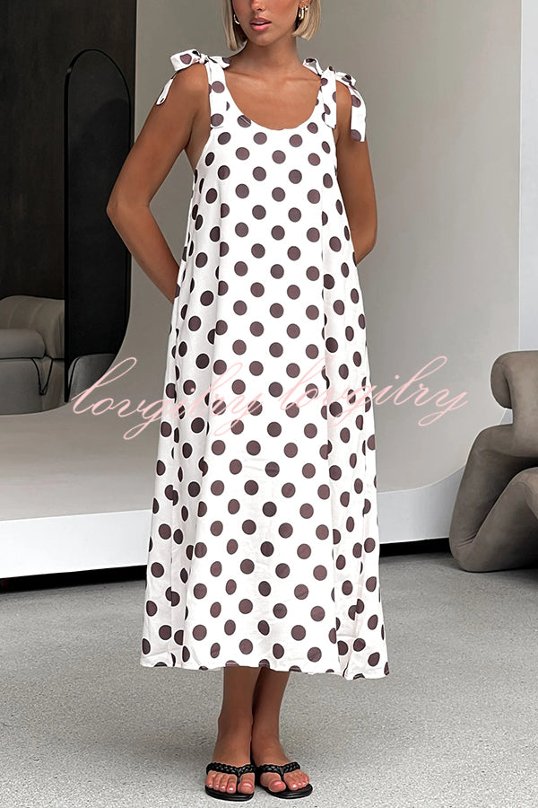 Polka Dot Print Suspenders Strappy Backless Loose Pocket Midi Dress